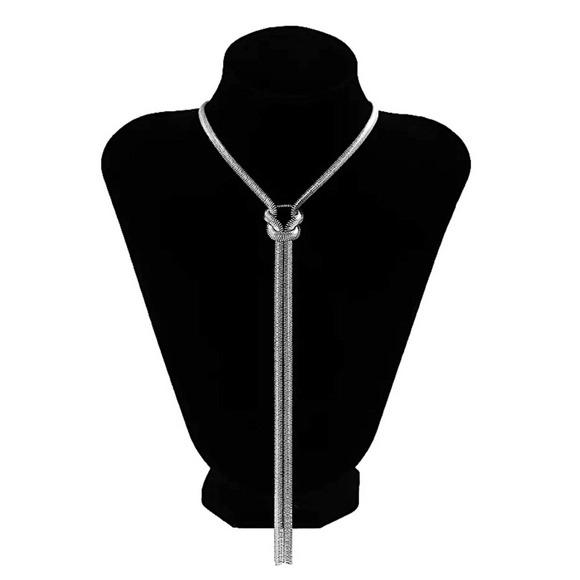 Silver Knot Tassel Snake Flat Herringbone Vintage Necklace - Picture 5 of 9